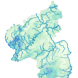 Karte von Rheinland-Pfalz, auf der die Fließgewässer von Rheinland-Pfalz zu sehen sind