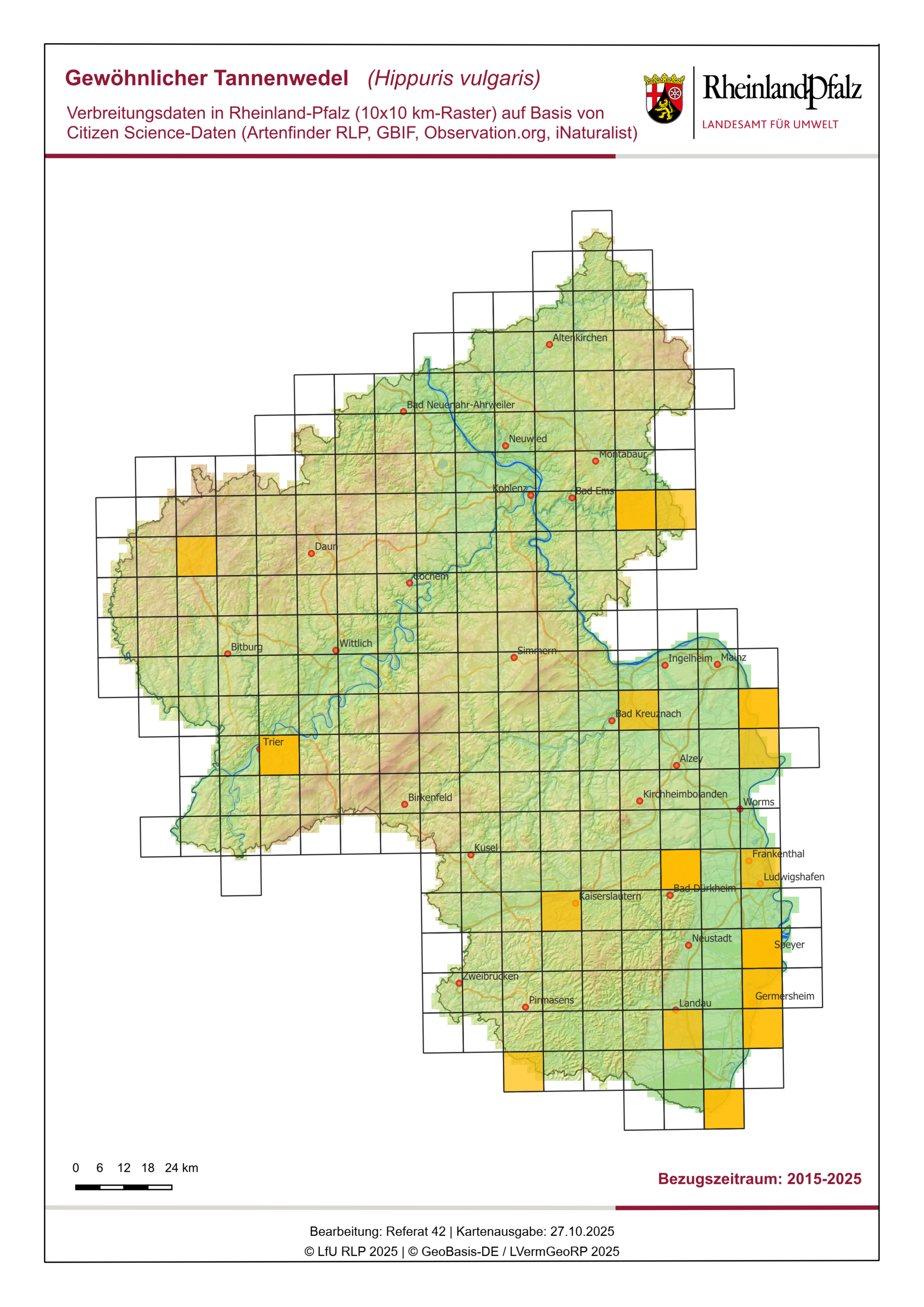 Karte von Rheinland-Pfalz, auf der das Vorkommen des Gewöhnlichen Tannenwedels im Jahr 2025 dargestellt wird