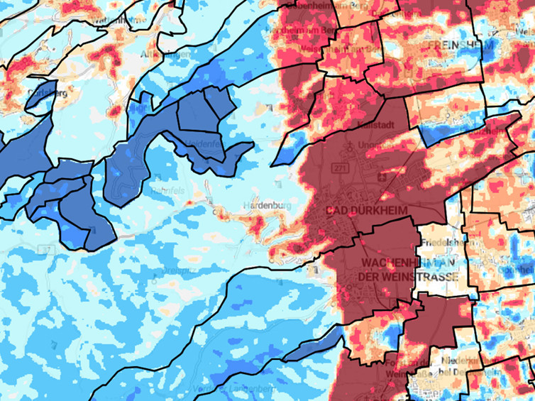 Cold- und Hotspots bei Bad Dürkheim, Ansicht Gemeindeebene