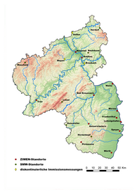 Landkarte von Rheinland-Pfalz mit Standorten der Luftmessstationen