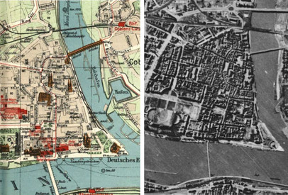 links: Ausschnitt Stadtplan 1912, rechts Luftbild von 1943