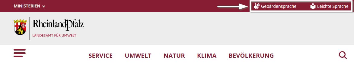 Screenshot der Schaltflächen "Gebärdesprache" und "Leichte Sprache"