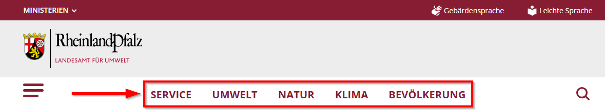 Screenshot des Navigationsmenüs am oberen Rand der LfU-Webseite