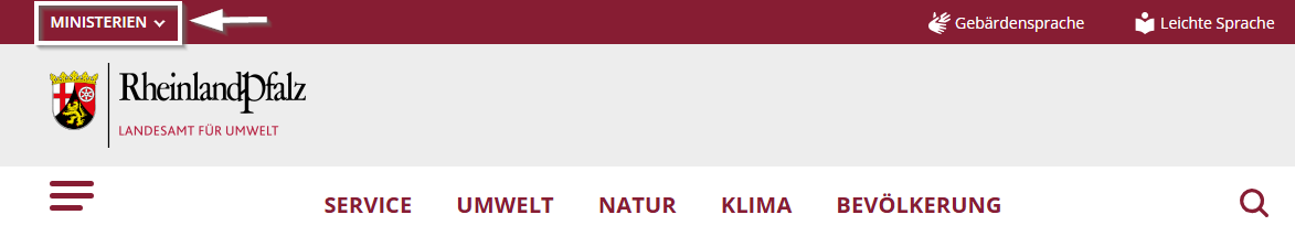 Screenshot der Ministerien-Schaltfläche