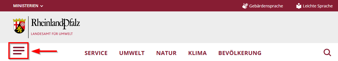 Screenshot des Navigationsmenüs