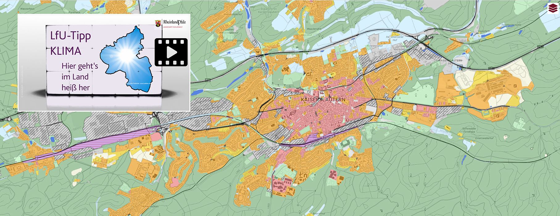 Ausschnitt aus Klimatopkarte für Bereich Kaiserslautern und Video-Titelbild