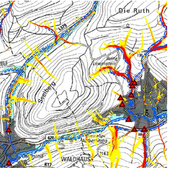 Die Starkregengefährdungskarte zeigt die Entstehungsgebiete und Abflussbahnen von Starkregen auf. Die Wahrscheinlichkeit einer Betroffenheit für Ortslagen wird ermittelt.